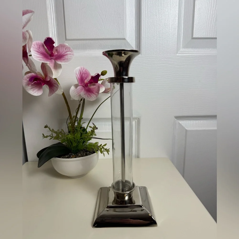 Pottery Barn Amelia Glass & Chrome Candlestick Holder Set of 3 Candle Holders